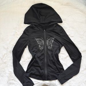 Dazy Black y2k butterfly crystal long sleeve zip up hoodie